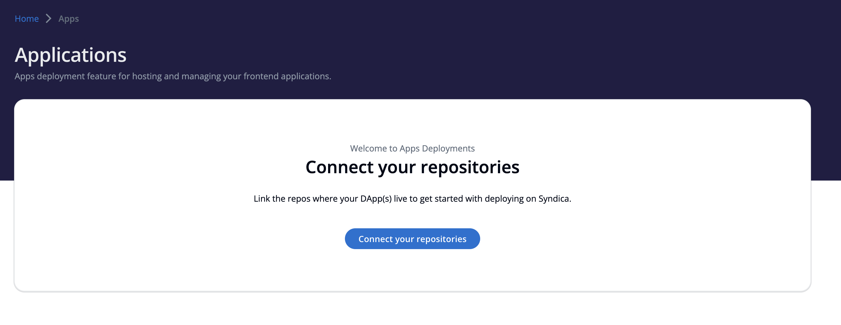 Apps screen before any repositories have been connected