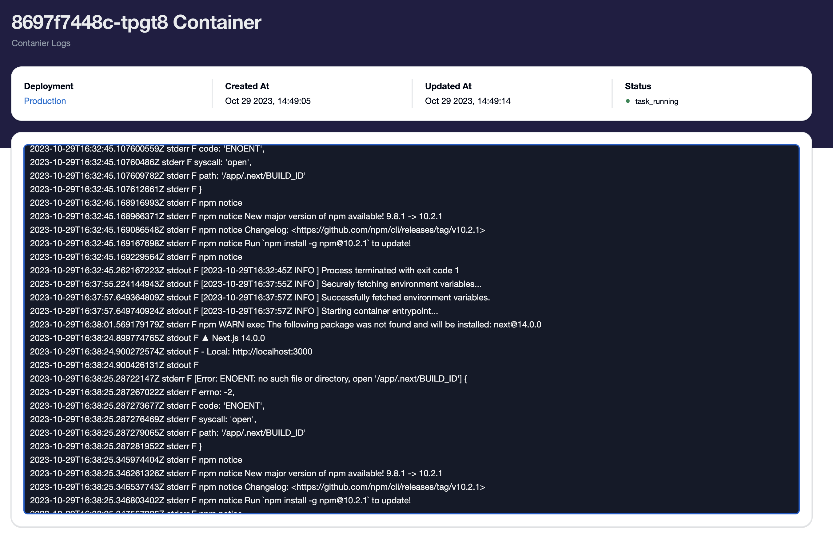Live logs of a running container