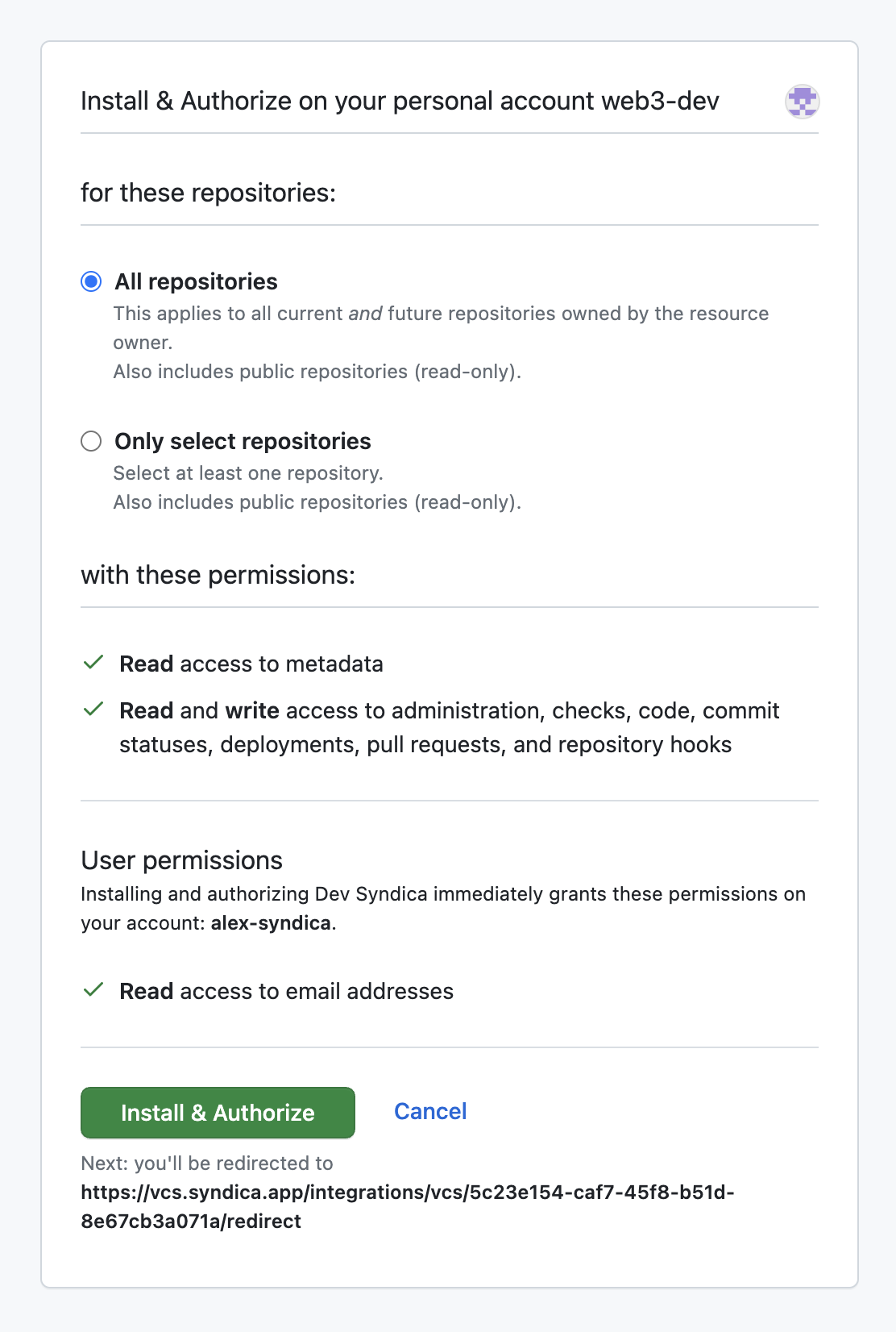 The GitHub application authorization page