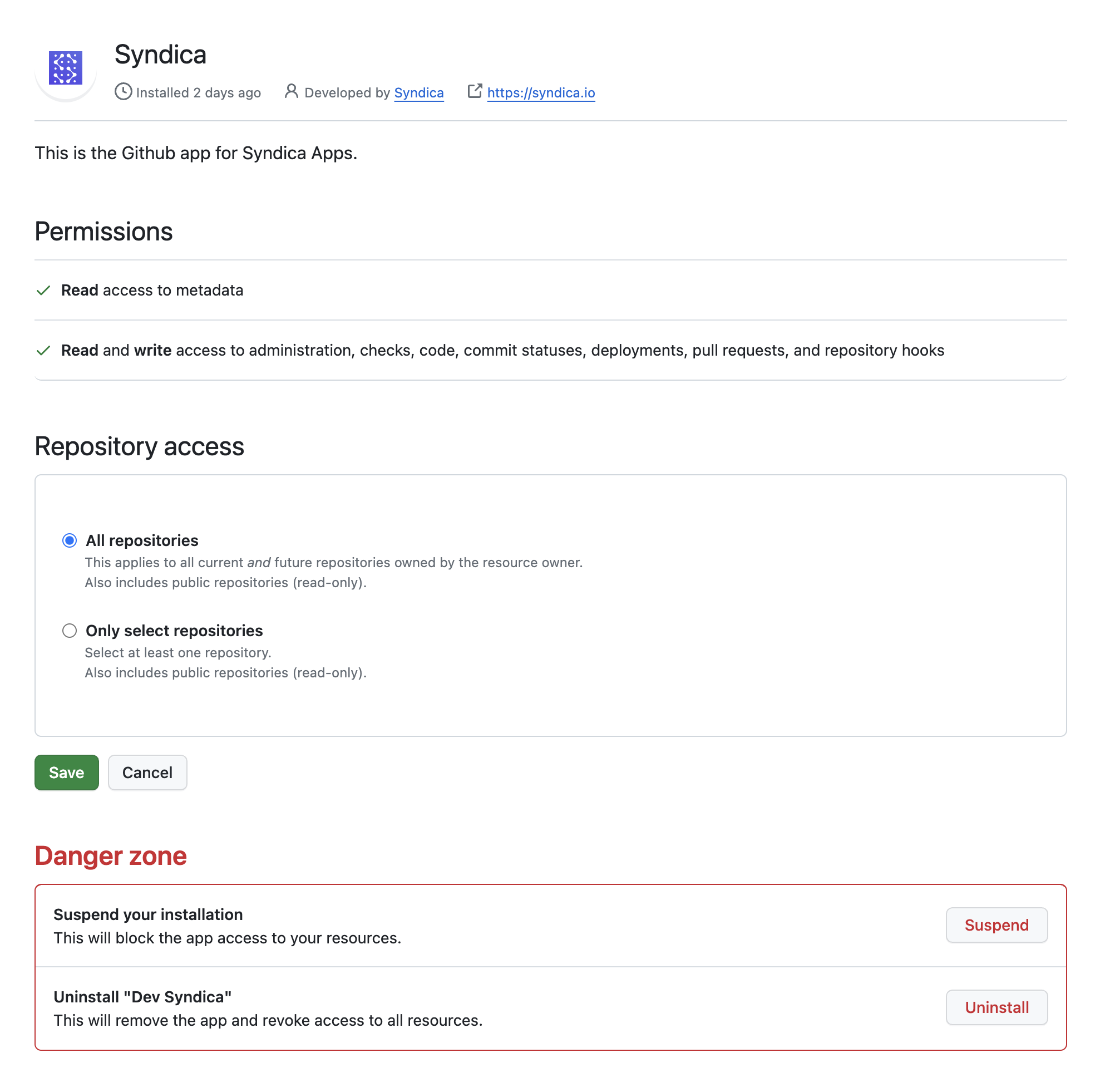The application settings page in GitHub for the Syndica app