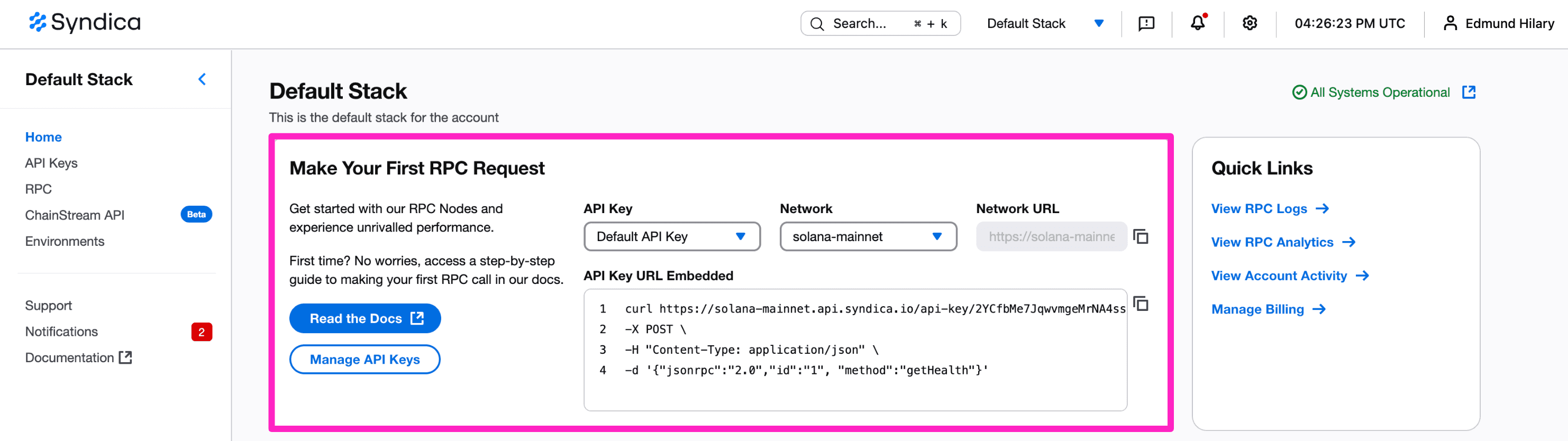 Your default API key on the home page