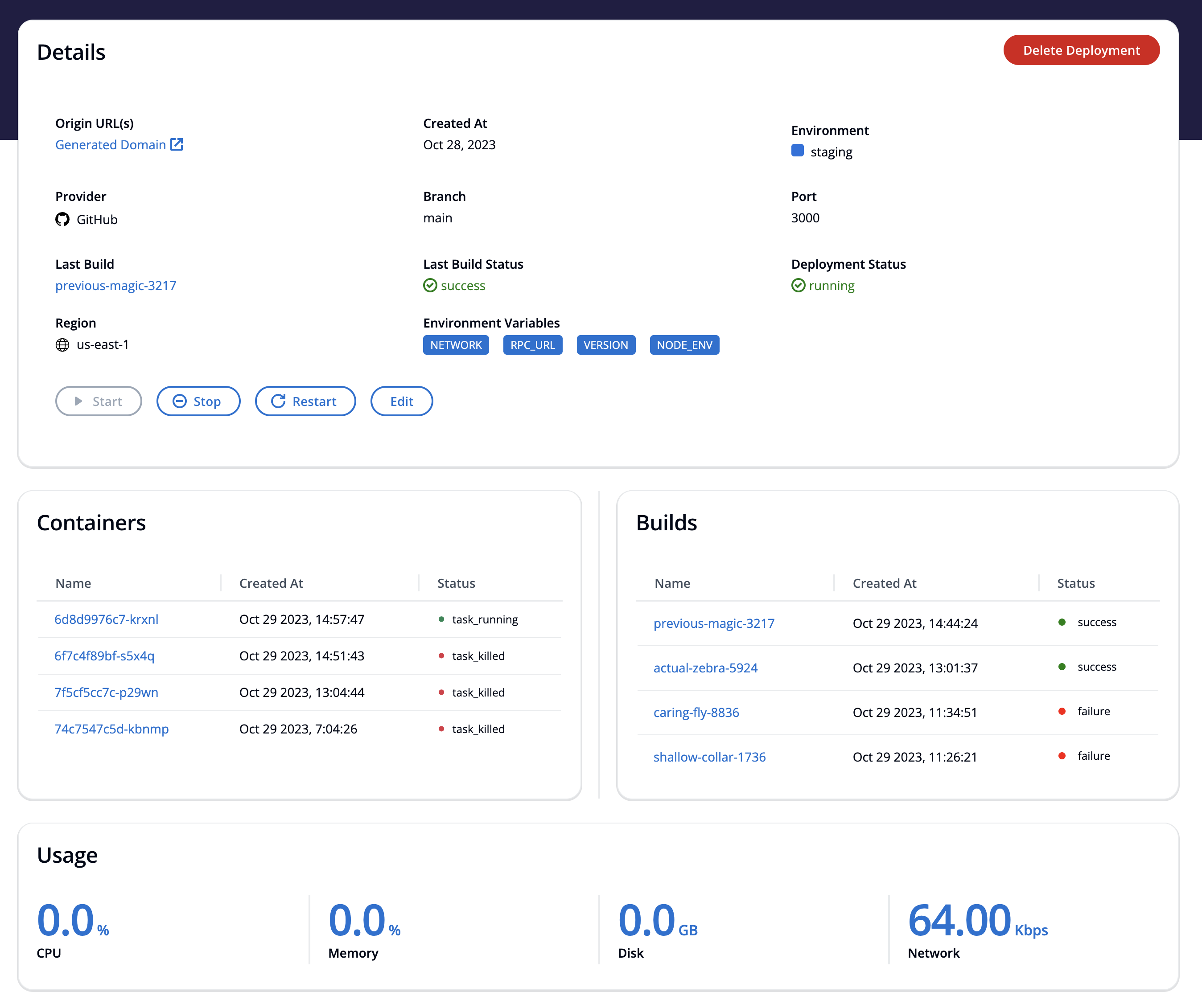 The deployment manage screen