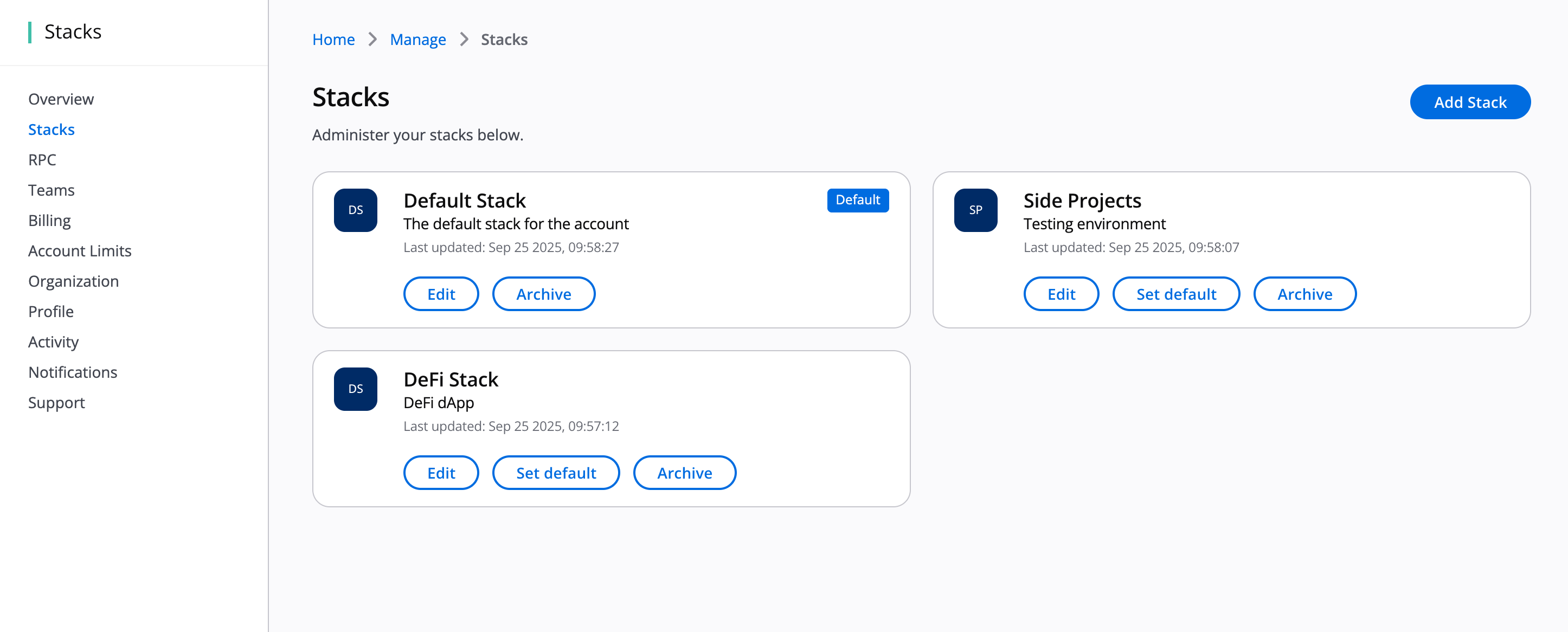 Manage stack overview page