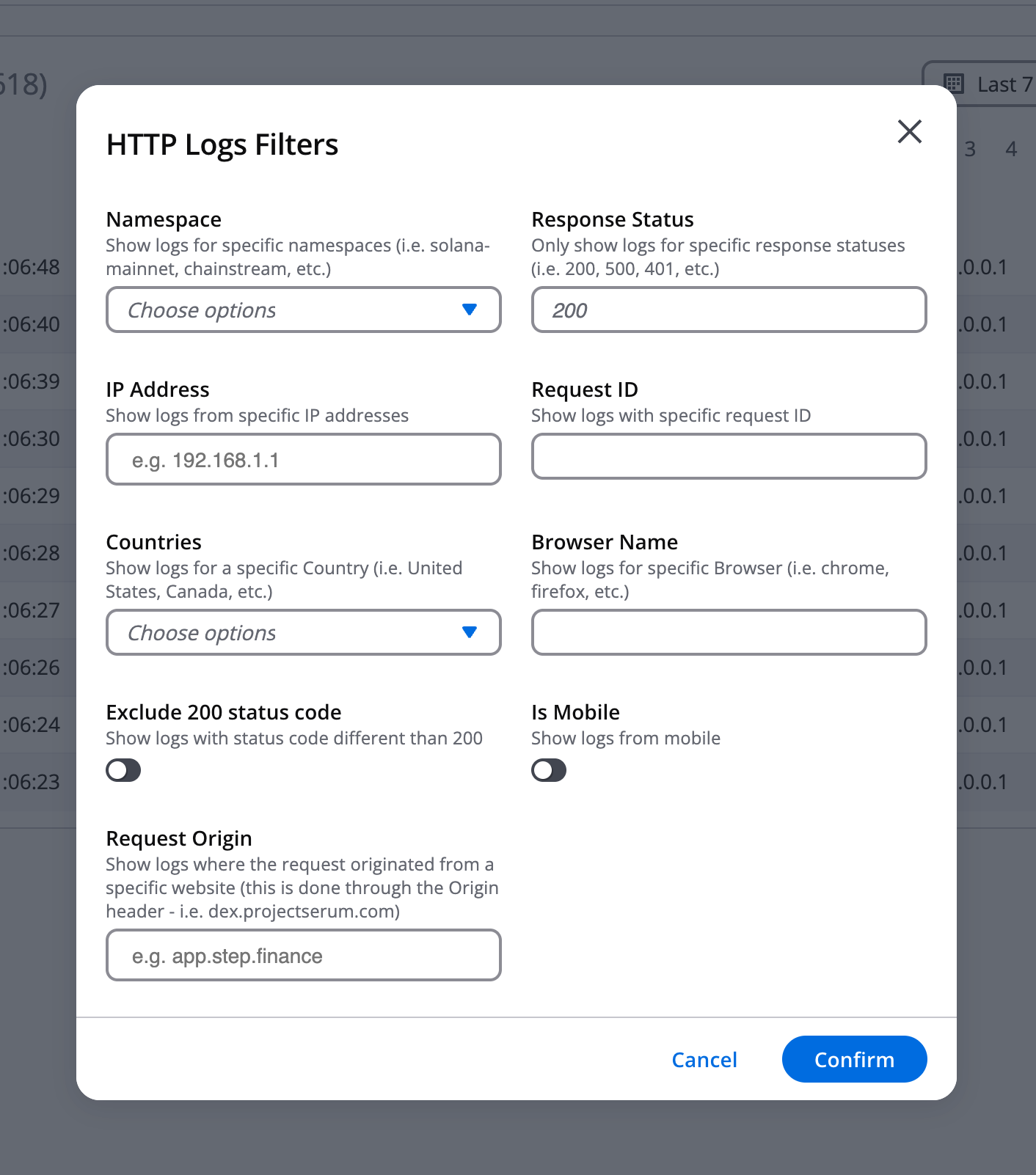 All of the filters you can apply to logs