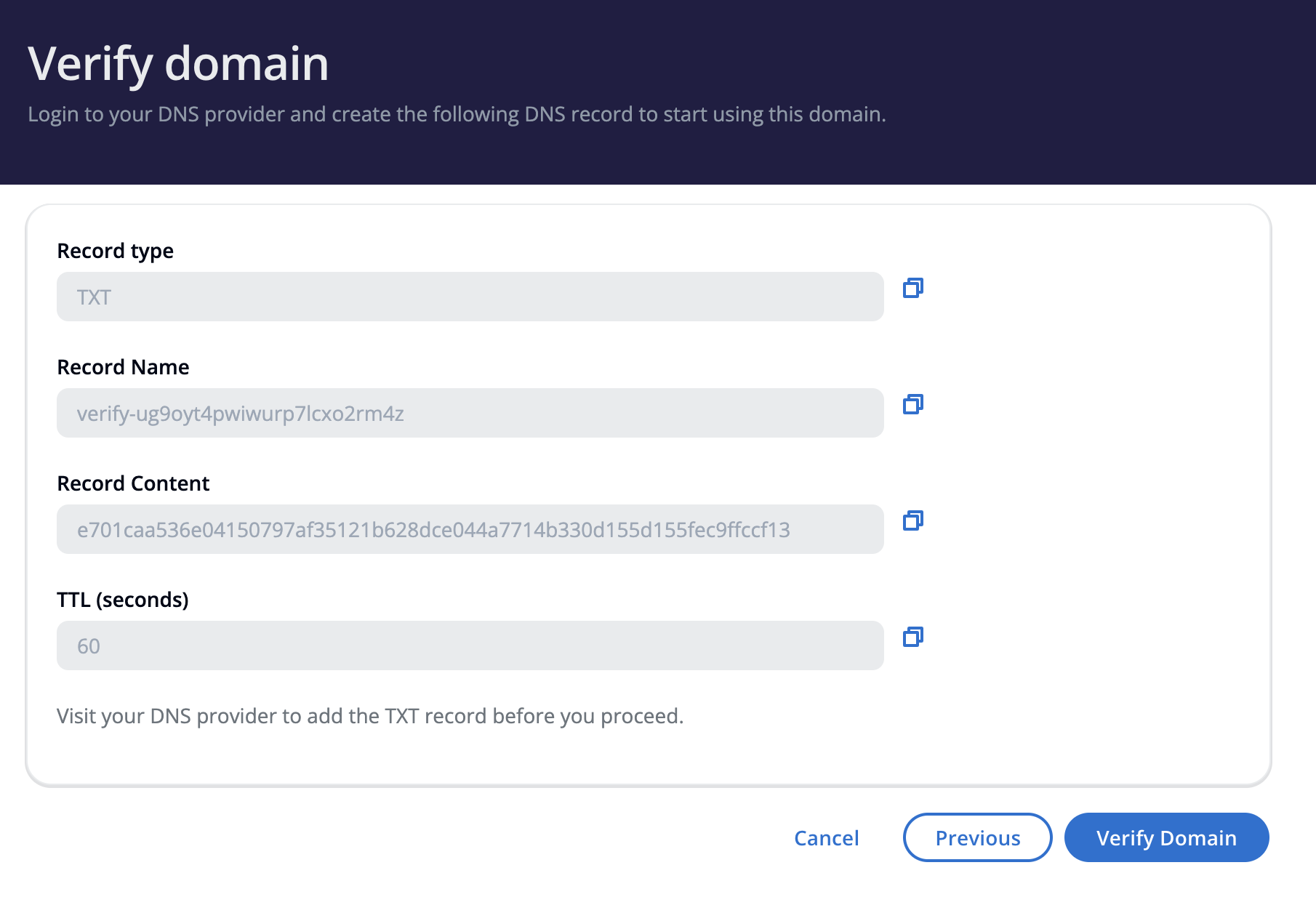 Record type, record name, record content and TTL required for verification.