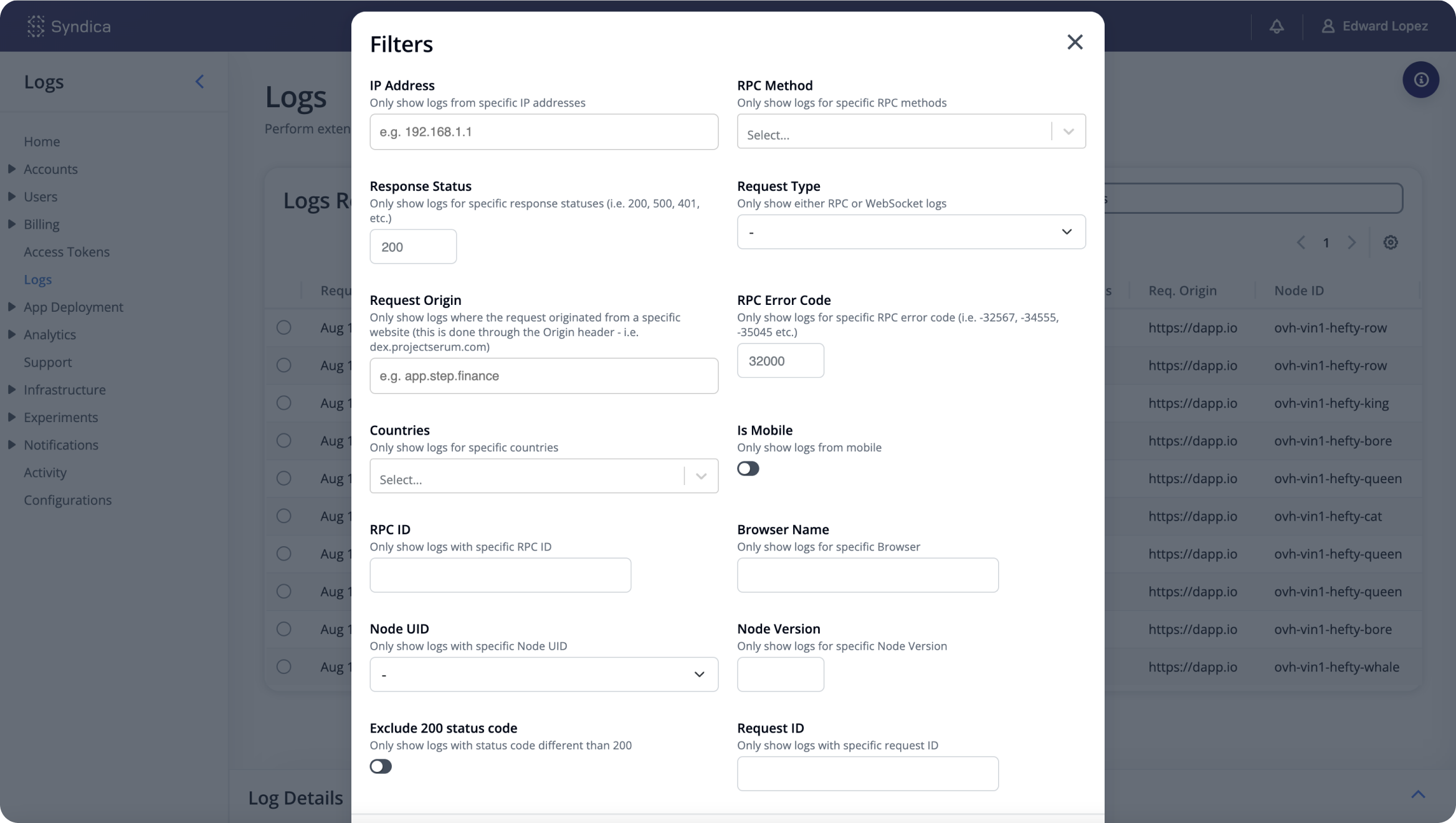 All of the filters you can apply to logs